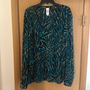 Marc Bouwer Women’s Printed V Neck Blouse Top Teal Blue Black Plus Size 2X
